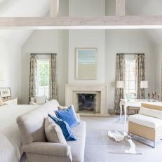 Neutral Transitional Master Bedroom With Beams