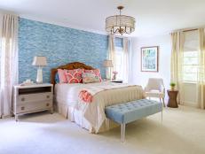 Blue Transitional Master Bedroom With Red Pillows