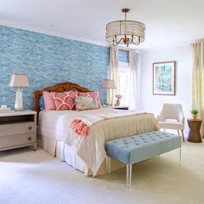 Blue Transitional Bedroom With Blue Bench