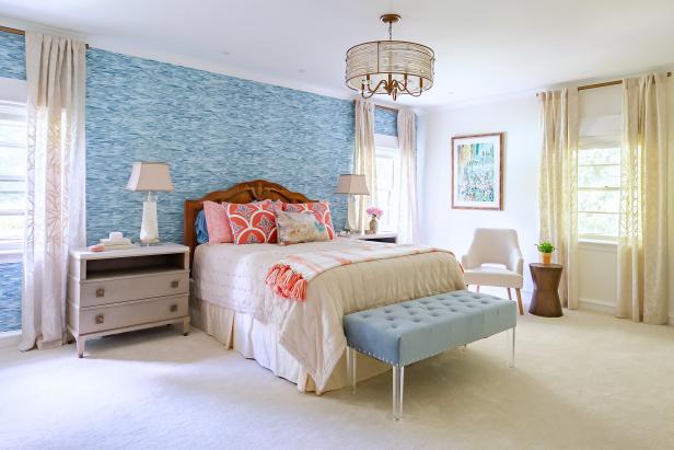 Transitional Master Bedroom With Blue Accent Wall Coral