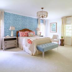 Blue Transitional Bedroom With Blue Bench