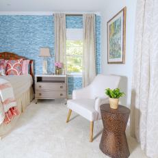 Transitional Master Bedroom With Blue Wallpaper