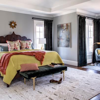 Gray Eclectic Main Bedroom With Orange Throw