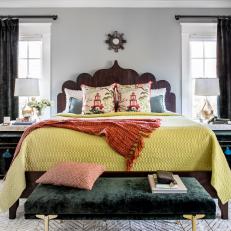 Eclectic Multicolored Bedroom With Green Bench