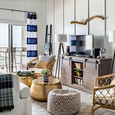 Coastal Living Room With Striped Curtains