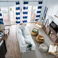 Coastal Living Room With Blue Striped Curtains