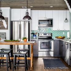 Coastal Open Plan Kitchen With Green Backsplash