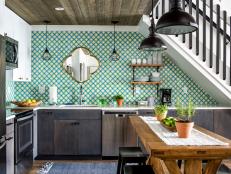 Open Plan Kitchen With Blue Green Backsplash