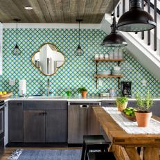 Open Plan Kitchen With Blue Green Backsplash