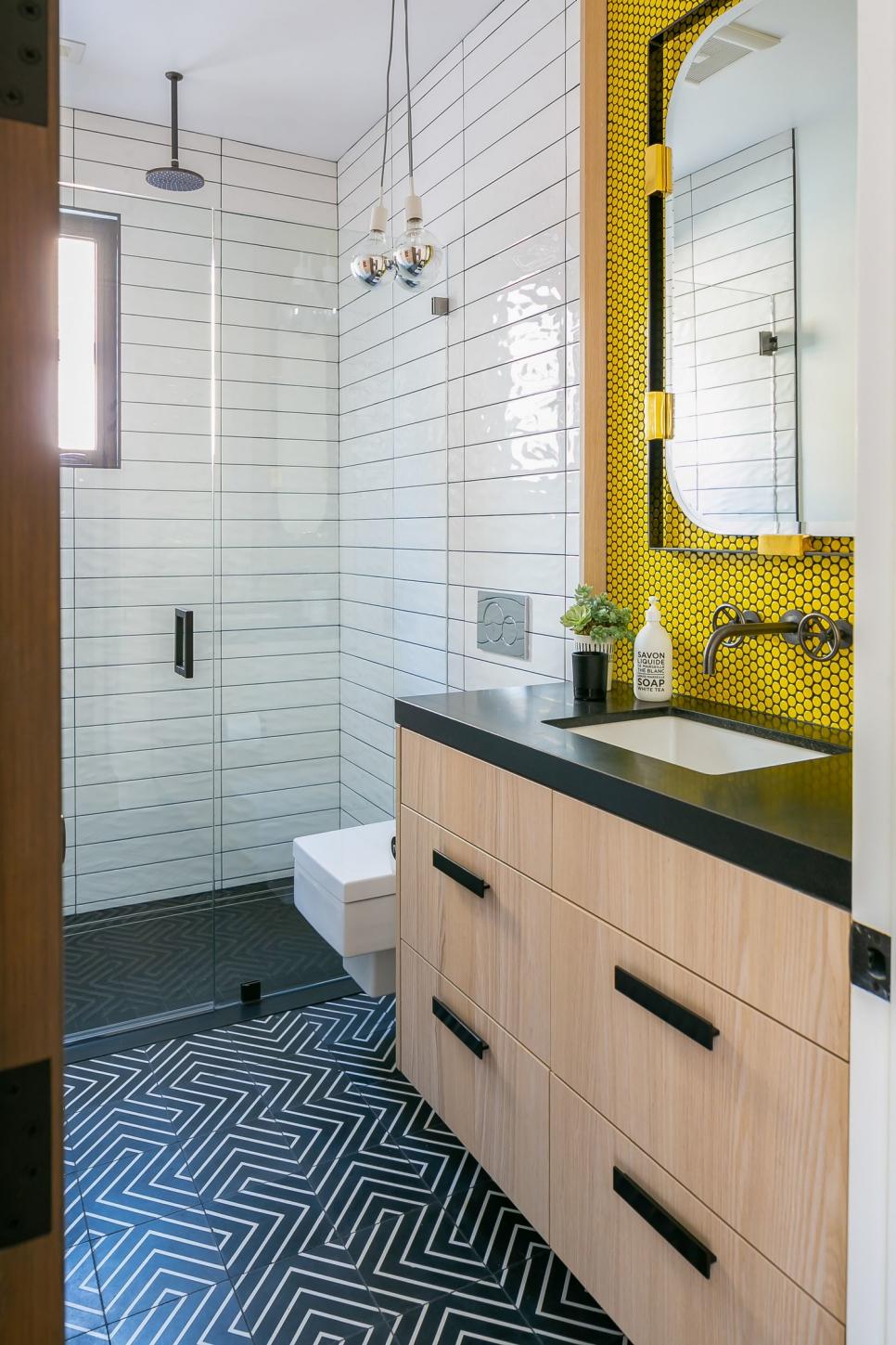 Modern Guest Bath With Bold Yellow Backsplash Hgtv