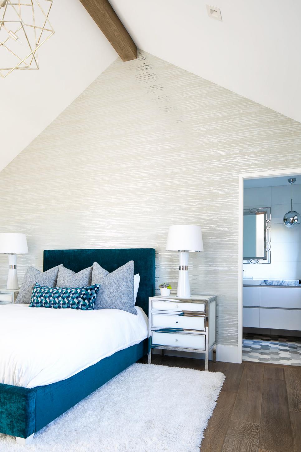 Modern Guest Bedroom with Blue Upholstered Bed | HGTV