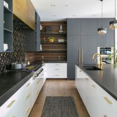 Gray Modern Kitchen with Brass Accents