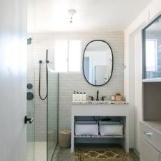 Gray Small Bathroom With Black Mirror