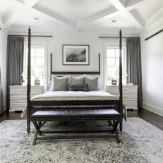Neutral Transitional Master Bedroom With Leather Bench