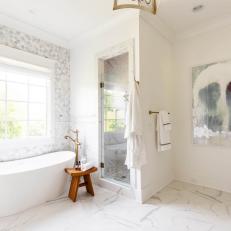 Gray Contemporary Master Bathroom With Stool
