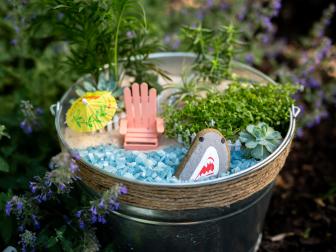 Galvanized Bucket With Jute Rope Accent and Beach-Themed Fairy Garden