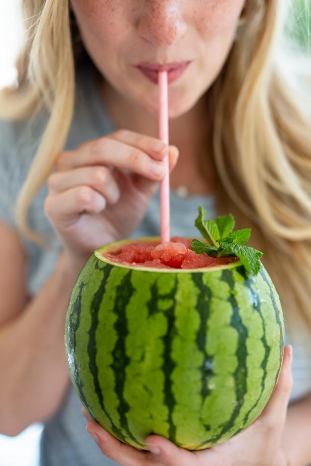 A Watermelon Used as a Cup Has Watermelon Slush Inside