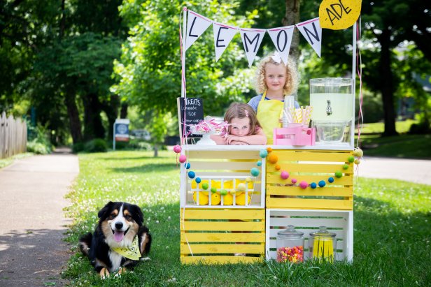 A Lemonade Stand With Two Little Girls and a Dog