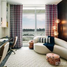 Contemporary Home Office With Plaid Curtains
