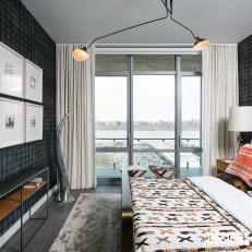 Gray Contemporary Guest Bedroom With River View