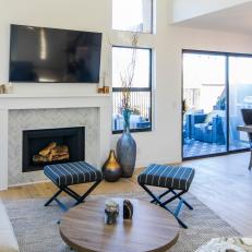 Contemporary Neutral Living Room with Brown Coffee Table and Black Upholstered Stools