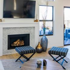 Contemporary White Living Room with Gray Tile Fireplace 