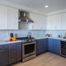 Contemporary White Kitchen with Gray Tile Backsplash 