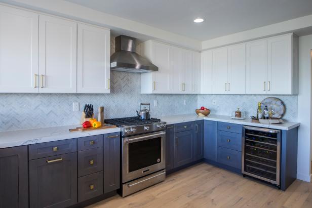 Contemporary White Kitchen with Gray Tile Backsplash | HGTV