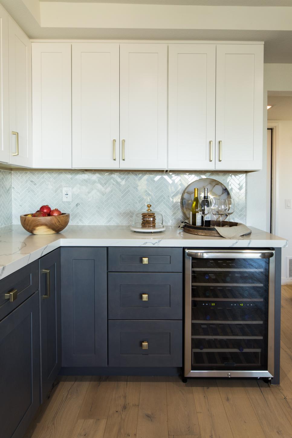 Contemporary White Kitchen With White Upper Cabinets And Blue Lower Cabinets Hgtv