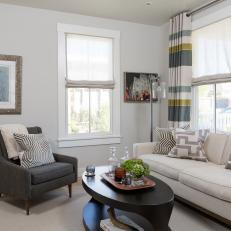 Transitional Living Room With Striped Curtains