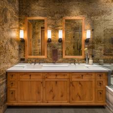 Rustic Bathroom With Wood Mirrors
