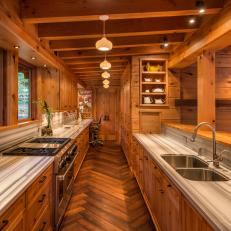 Rustic Galley Kitchen With Striped Counters