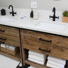 Rustic Neutral Master Bathroom with Brown Wood Double Vanity