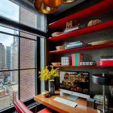 Home Office With Red Shelves