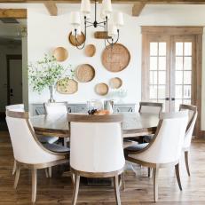 Farmhouse Style Dining Space With Exposed Beams