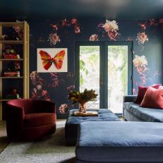 Navy Family Room With Floral Accent Wall