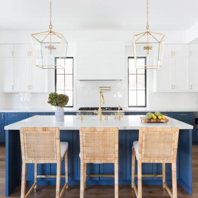 Blue and White Chef Kitchen With Striped Vase