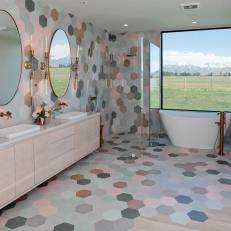 Pastel Spa Bathroom With Mountain View