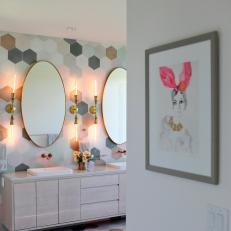 Multicolored Contemporary Bathroom With Pink Art