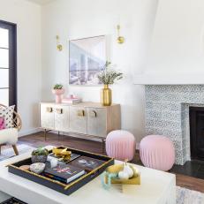 Contemporary Living Room With Pink Poufs