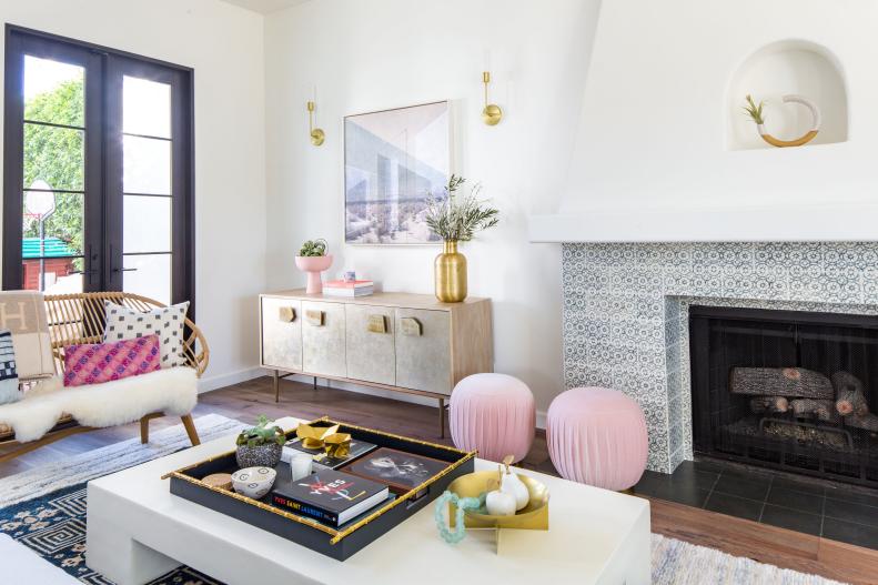Living Room With Pink Poufs