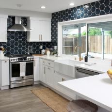 Contemporary Blue and White Kitchen with Blue Tile Backsplash