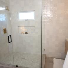 Modern White Master Bathroom with White Tile in Glass Shower 