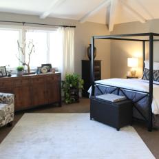 Contemporary White Master Bedroom with Black Bed Canopy