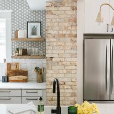 Gray Cottage Kitchen With Exposed Brick