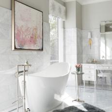 Gray Spa Bathroom With Pink Art
