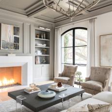 Gray Art Deco Living Room With Arched Window
