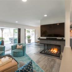 Gray Mid-Century Modern Living Room with Glass Fireplace 