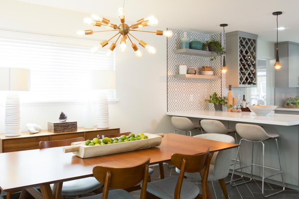 Neutral Mid Century Modern Dining Room With Two White Lamps Hgtv