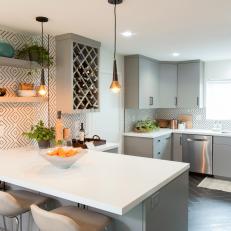 Gray Mid-Century Modern KItchen with White Breakfast Bar and Chairs 